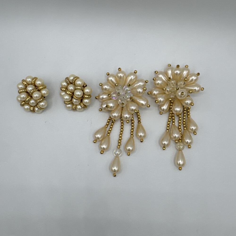Vintage 1980s Faux Pearl & Gold Bead Set: Waterfall Barrette & Clip-On Earrings